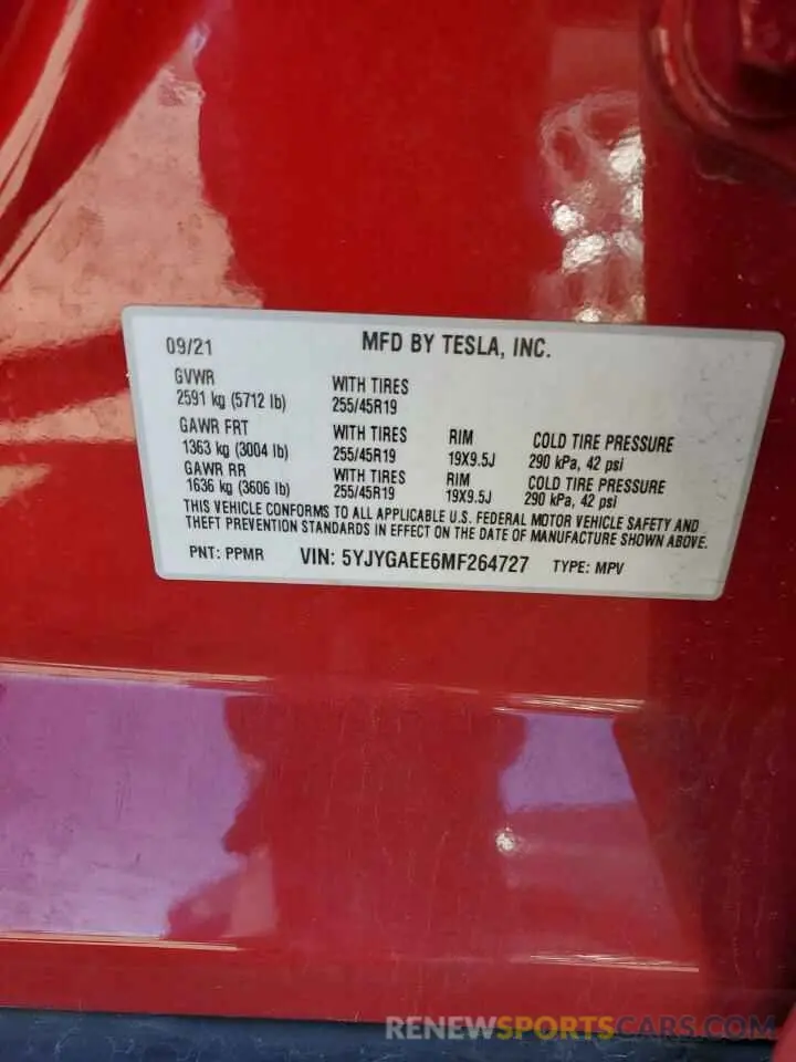 13 Фотография поврежденного автомобиля 5YJYGAEE6MF264727 TESLA MODEL Y 2021