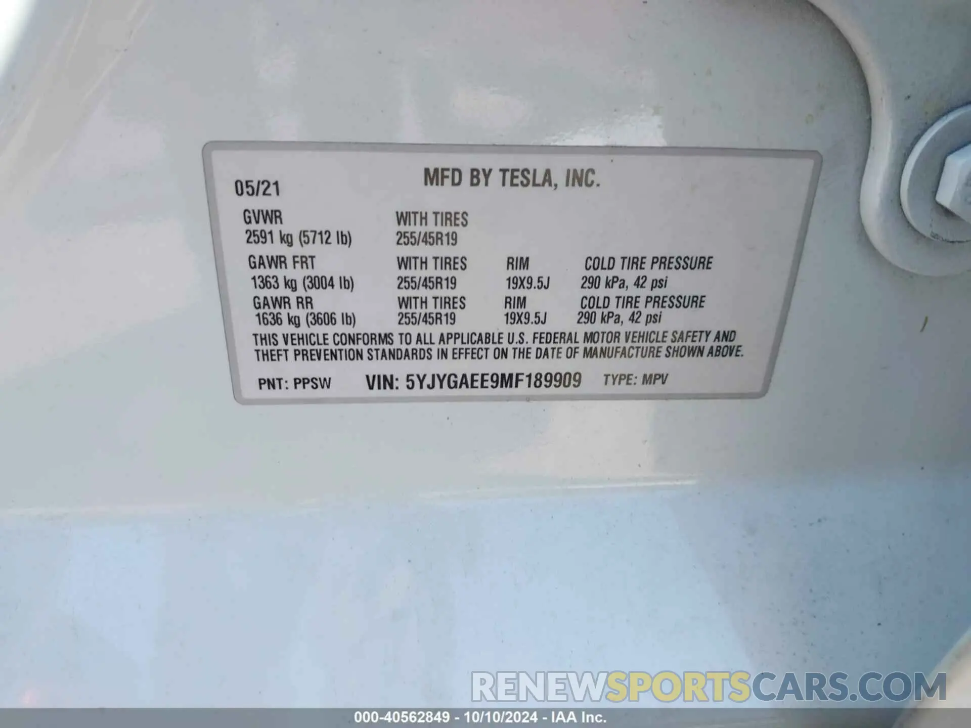 9 Фотография поврежденного автомобиля 5YJYGAEE9MF189909 TESLA MODEL Y 2021