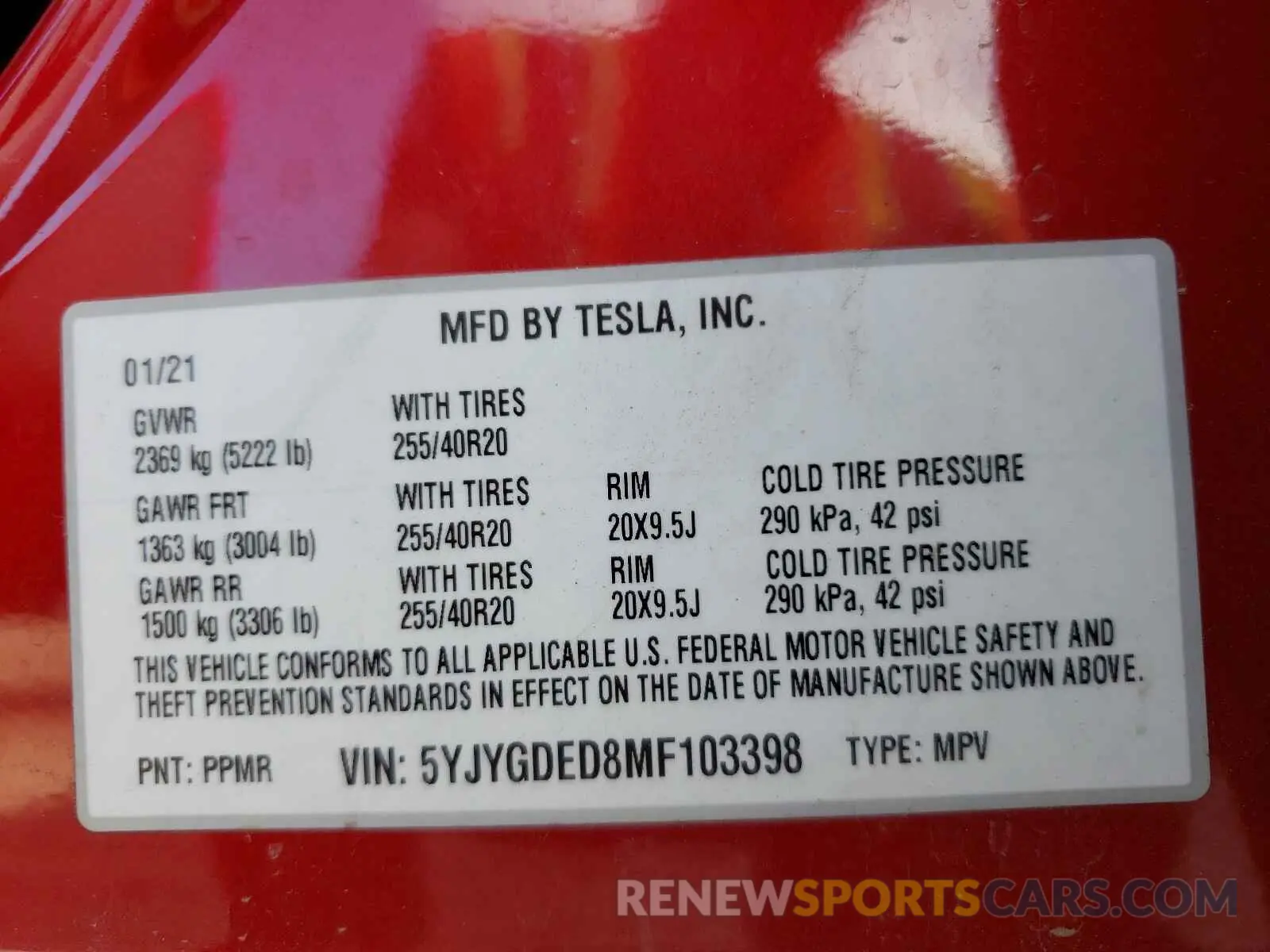 10 Photograph of a damaged car 5YJYGDED8MF103398 TESLA MODEL Y 2021