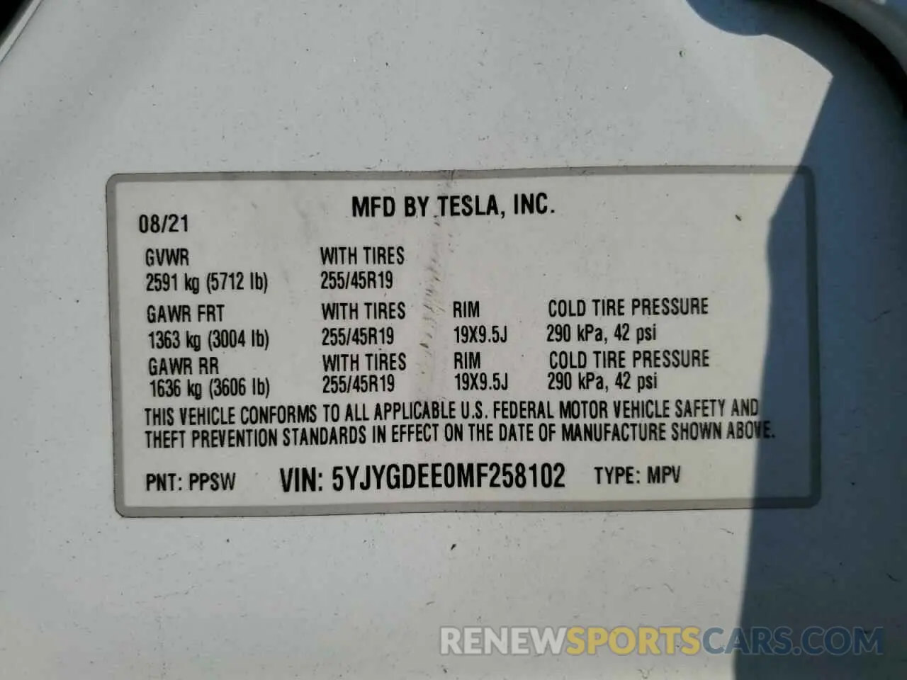 15 Фотография поврежденного автомобиля 5YJYGDEE0MF258102 TESLA MODEL Y 2021