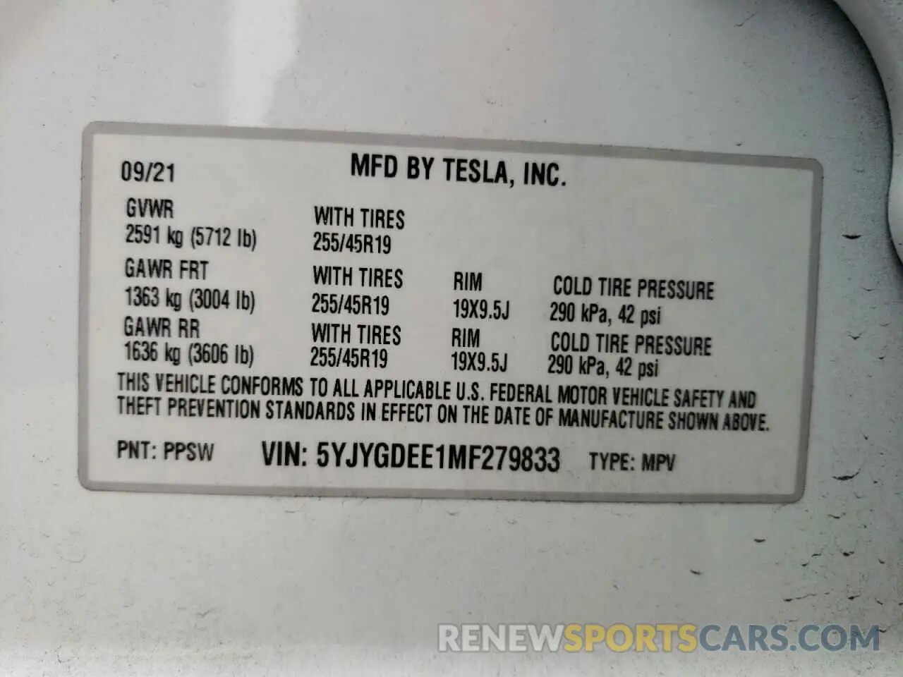10 Photograph of a damaged car 5YJYGDEE1MF279833 TESLA MODEL Y 2021