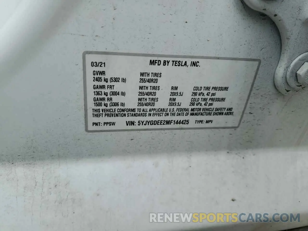 10 Фотография поврежденного автомобиля 5YJYGDEE2MF144425 TESLA MODEL Y 2021