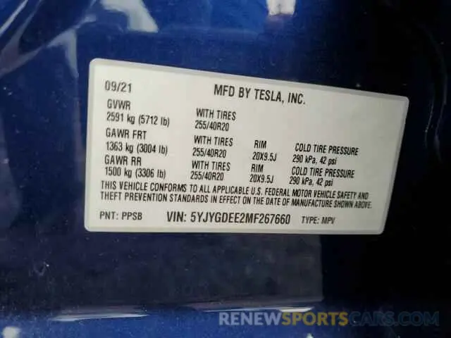 12 Фотография поврежденного автомобиля 5YJYGDEE2MF267660 TESLA MODEL Y 2021