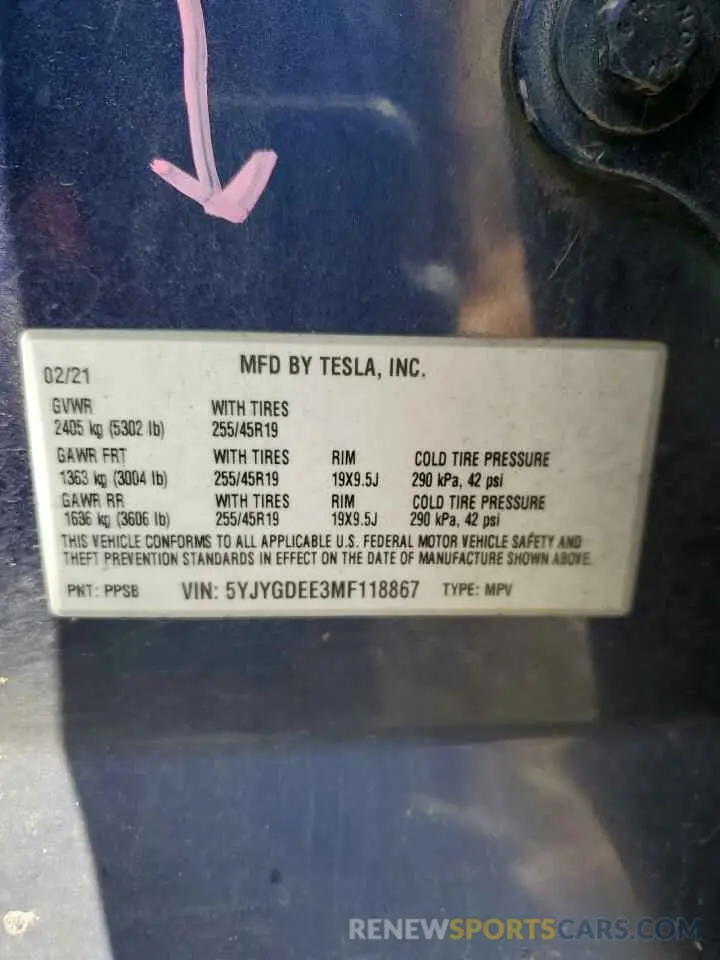 14 Photograph of a damaged car 5YJYGDEE3MF118867 TESLA MODEL Y 2021