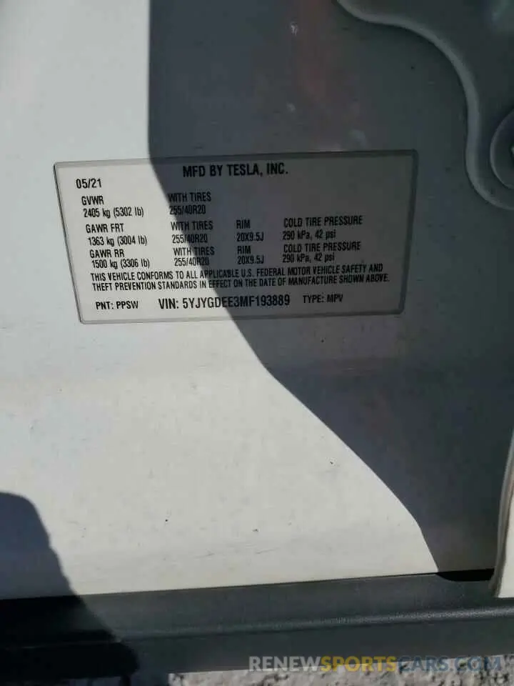 12 Фотография поврежденного автомобиля 5YJYGDEE3MF193889 TESLA MODEL Y 2021