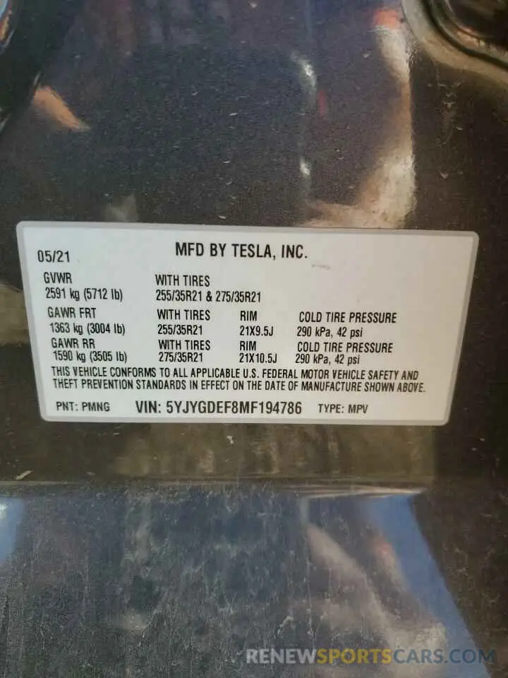 12 Photograph of a damaged car 5YJYGDEF8MF194786 TESLA MODEL Y 2021