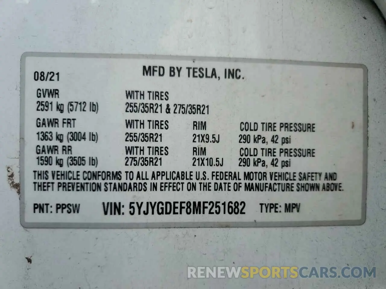 14 Фотография поврежденного автомобиля 5YJYGDEF8MF251682 TESLA MODEL Y 2021