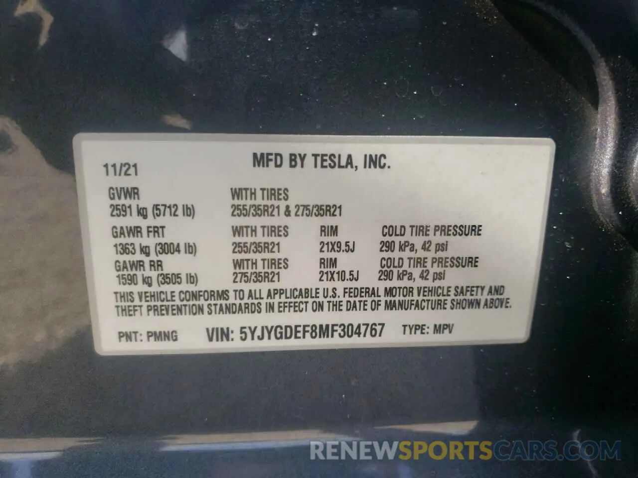10 Photograph of a damaged car 5YJYGDEF8MF304767 TESLA MODEL Y 2021