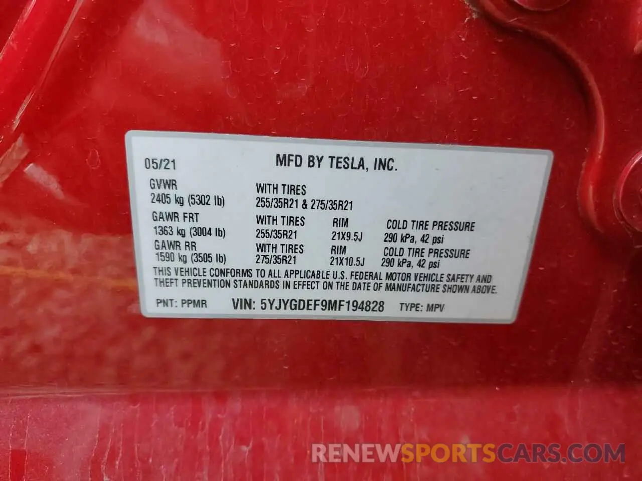10 Photograph of a damaged car 5YJYGDEF9MF194828 TESLA MODEL Y 2021
