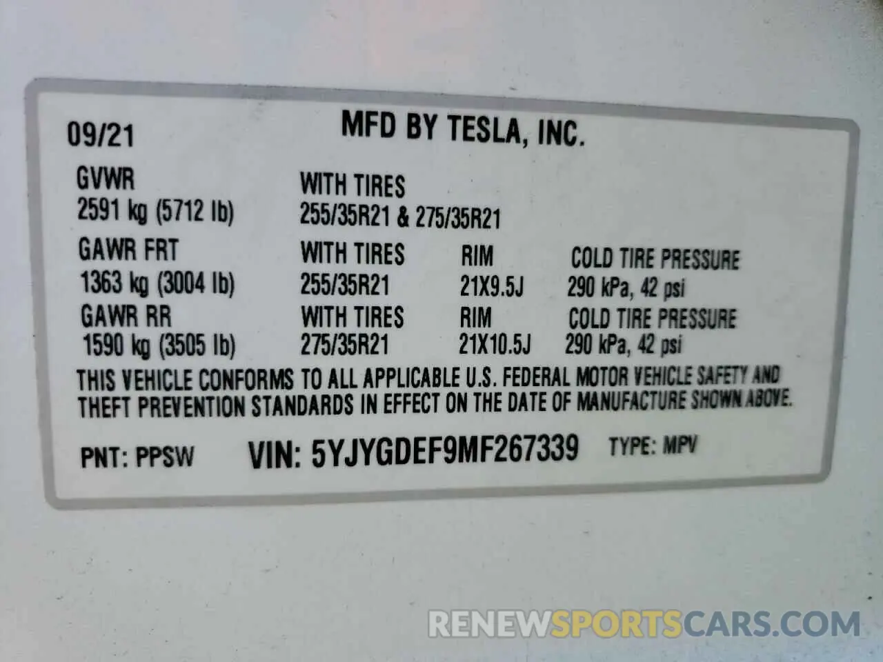 10 Photograph of a damaged car 5YJYGDEF9MF267339 TESLA MODEL Y 2021