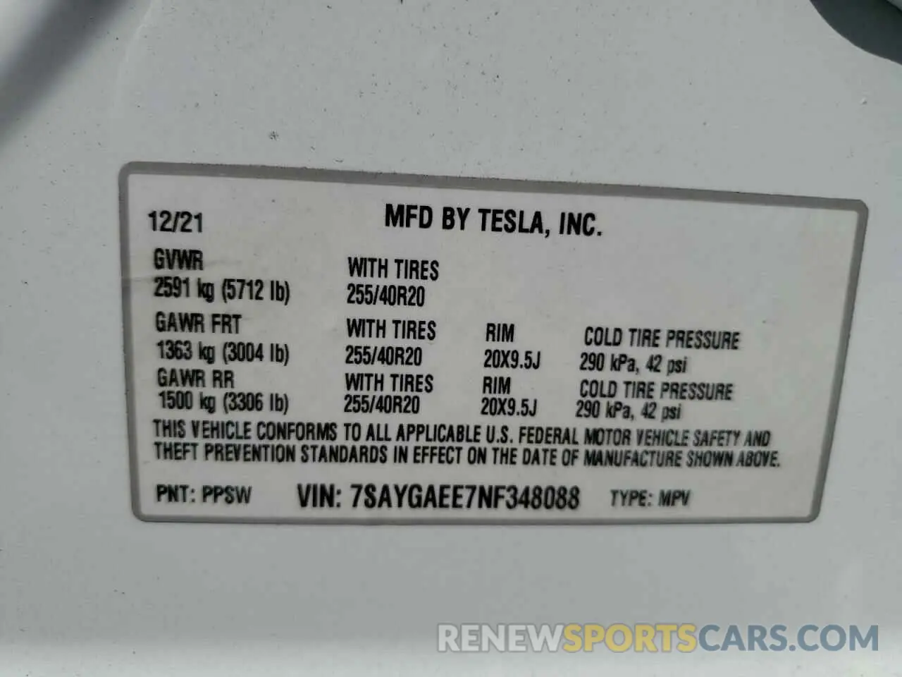 12 Фотография поврежденного автомобиля 7SAYGAEE7NF348088 TESLA MODEL Y 2022