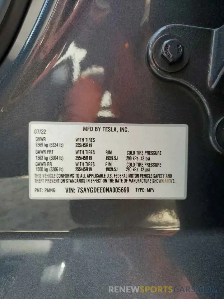 13 Фотография поврежденного автомобиля 7SAYGDEE0NA005699 TESLA MODEL Y 2022