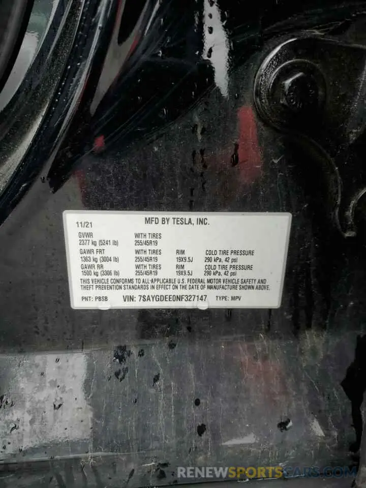 12 Photograph of a damaged car 7SAYGDEE0NF327147 TESLA MODEL Y 2022