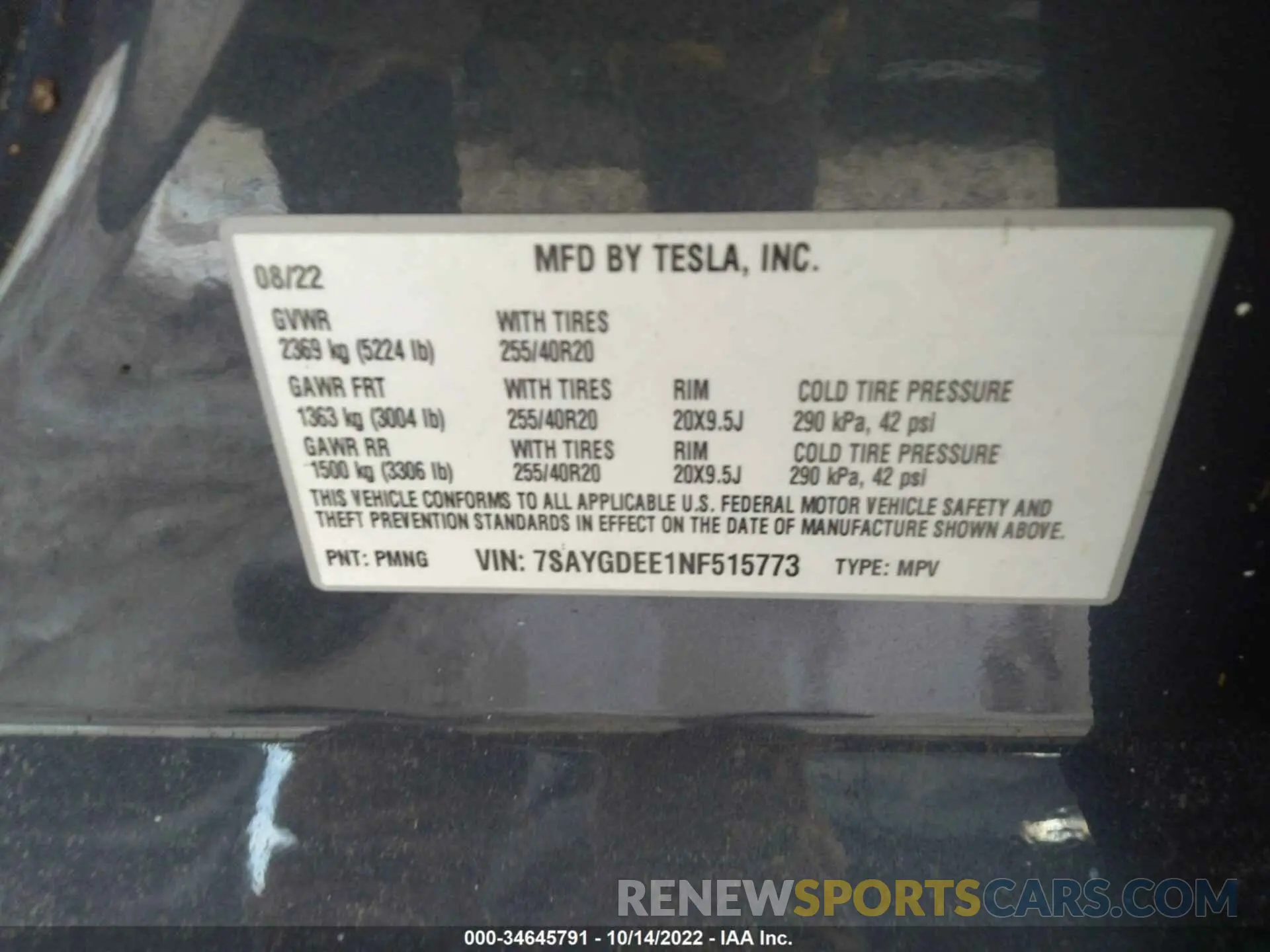 9 Photograph of a damaged car 7SAYGDEE1NF515773 TESLA MODEL Y 2022
