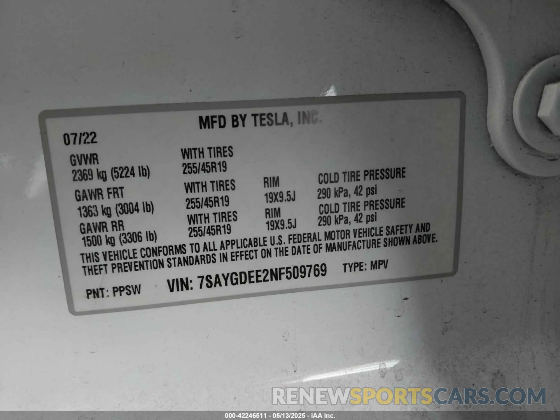 9 Фотография поврежденного автомобиля 7SAYGDEE2NF509769 TESLA MODEL Y 2022