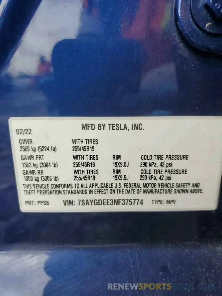 14 Photograph of a damaged car 7SAYGDEE3NF375774 TESLA MODEL Y 2022
