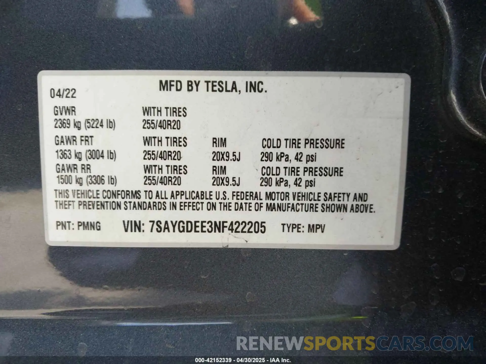 9 Фотография поврежденного автомобиля 7SAYGDEE3NF422205 TESLA MODEL Y 2022