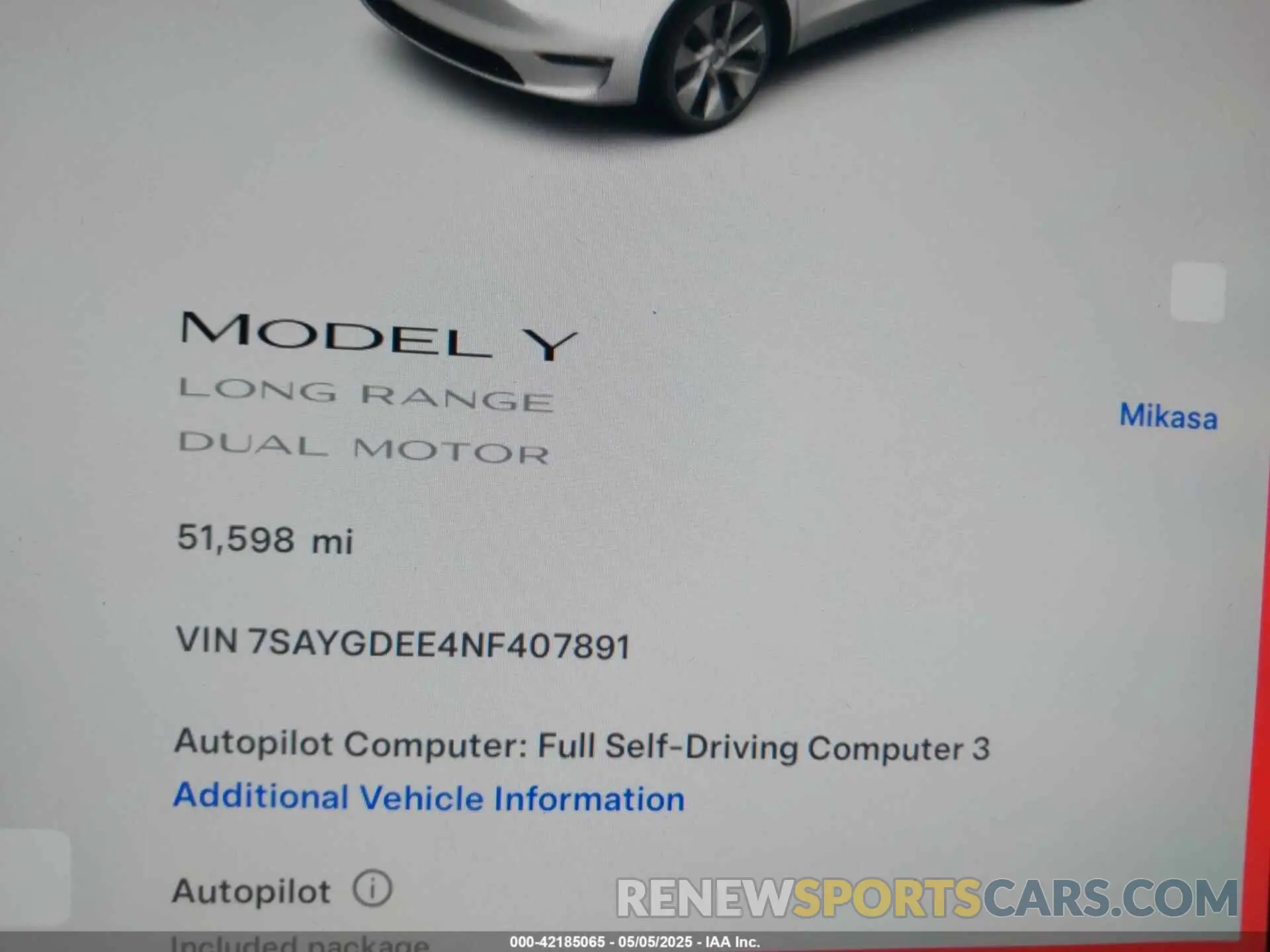 7 Фотография поврежденного автомобиля 7SAYGDEE4NF407891 TESLA MODEL Y 2022