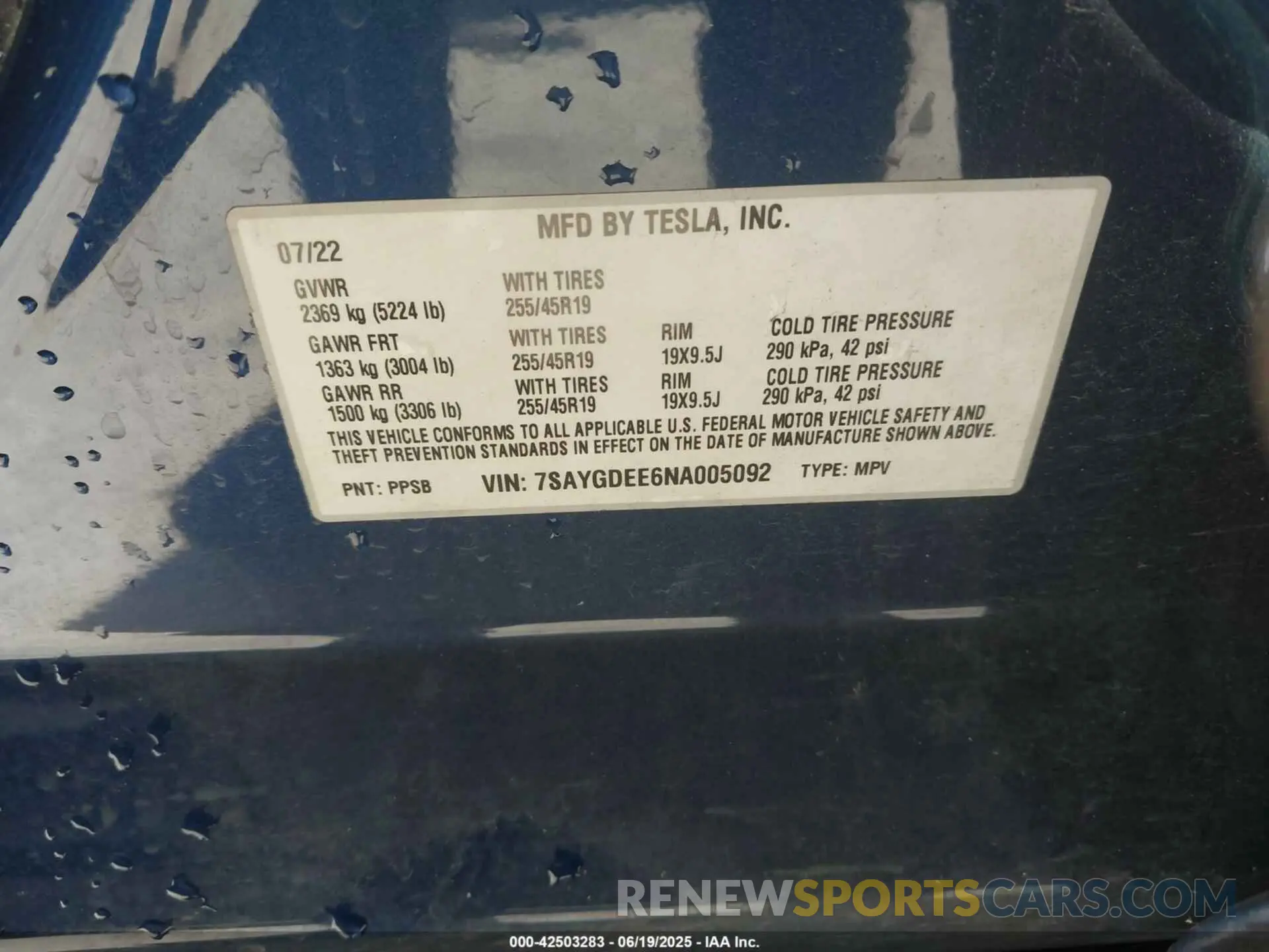 9 Фотография поврежденного автомобиля 7SAYGDEE6NA005092 TESLA MODEL Y 2022