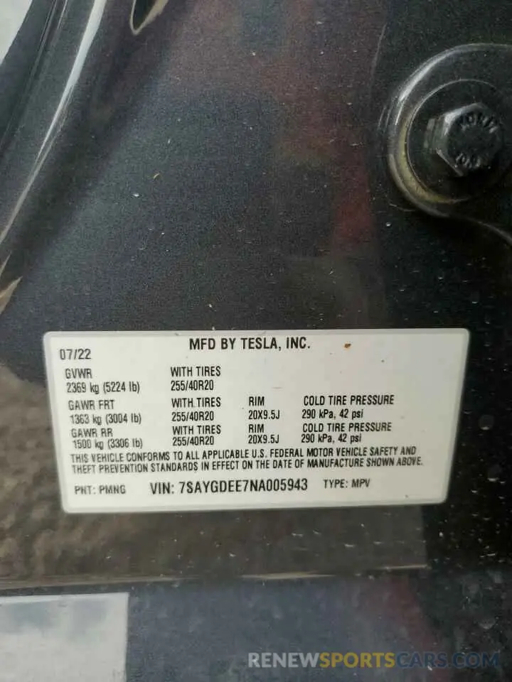 10 Photograph of a damaged car 7SAYGDEE7NA005943 TESLA MODEL Y 2022
