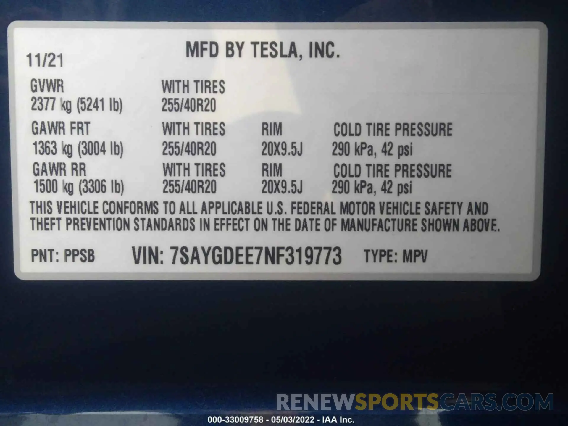 9 Фотография поврежденного автомобиля 7SAYGDEE7NF319773 TESLA MODEL Y 2022