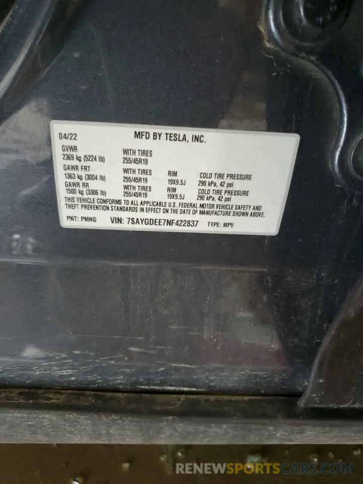 12 Photograph of a damaged car 7SAYGDEE7NF422837 TESLA MODEL Y 2022