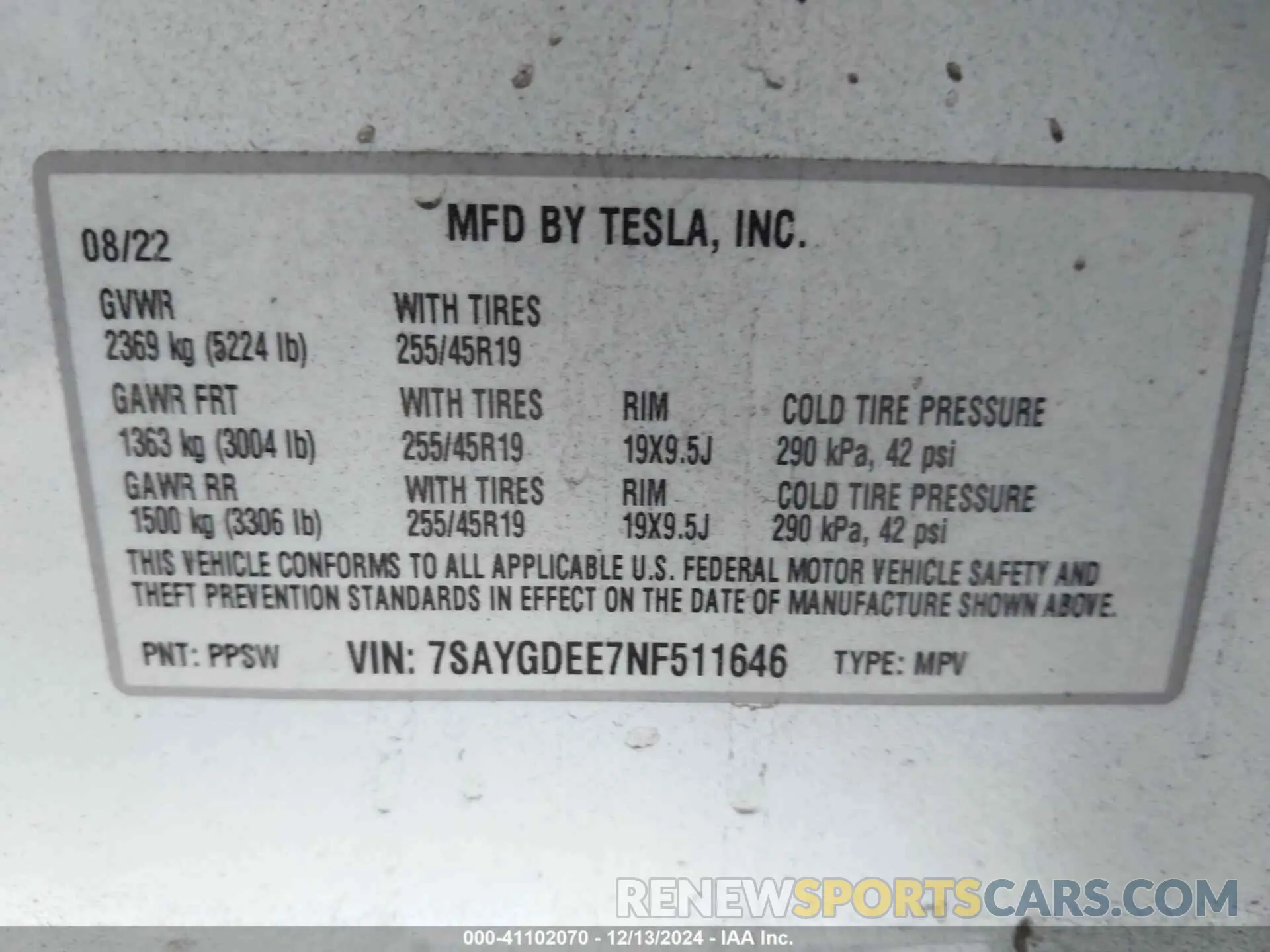 9 Фотография поврежденного автомобиля 7SAYGDEE7NF511646 TESLA MODEL Y 2022