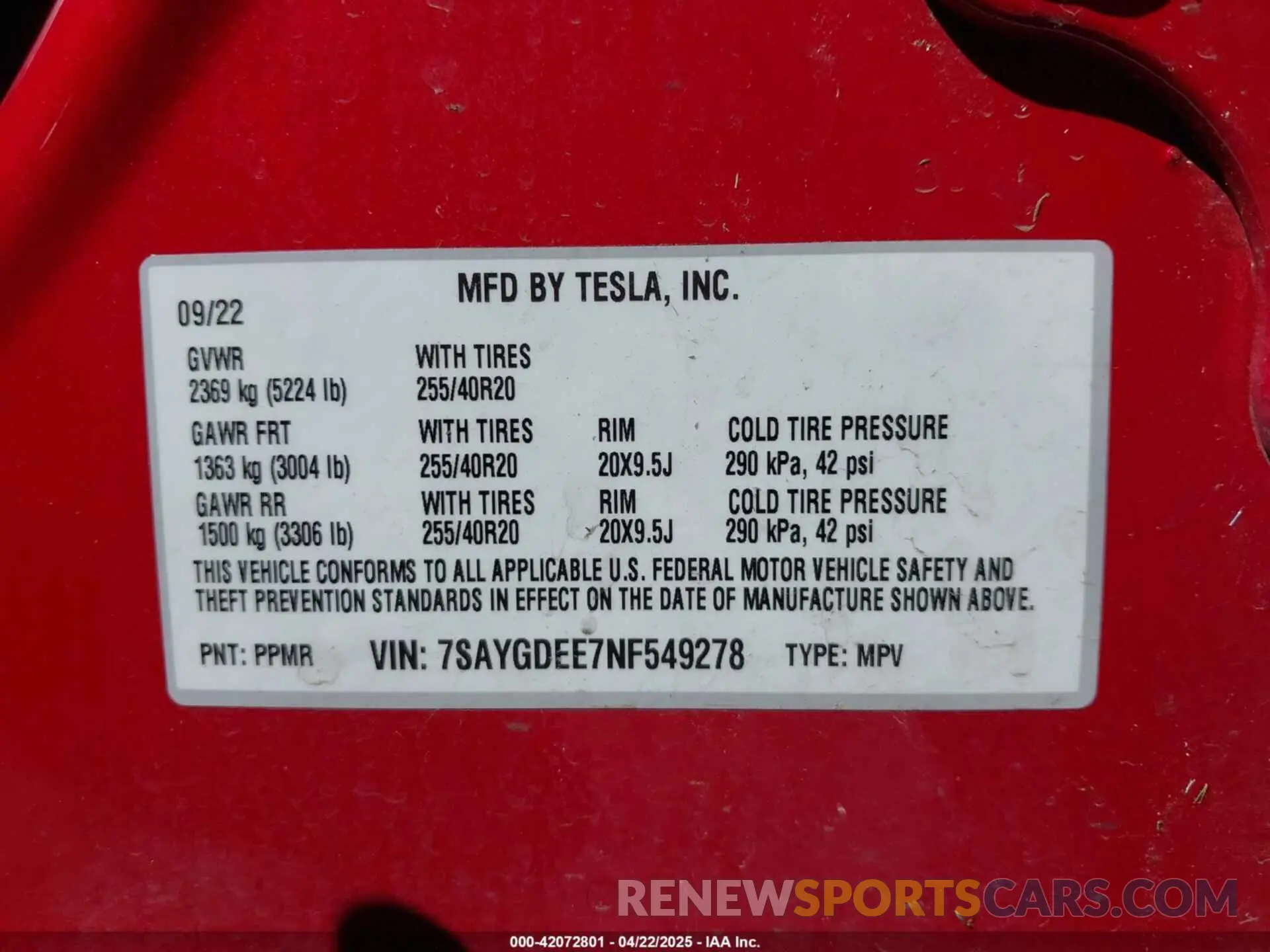 9 Фотография поврежденного автомобиля 7SAYGDEE7NF549278 TESLA MODEL Y 2022