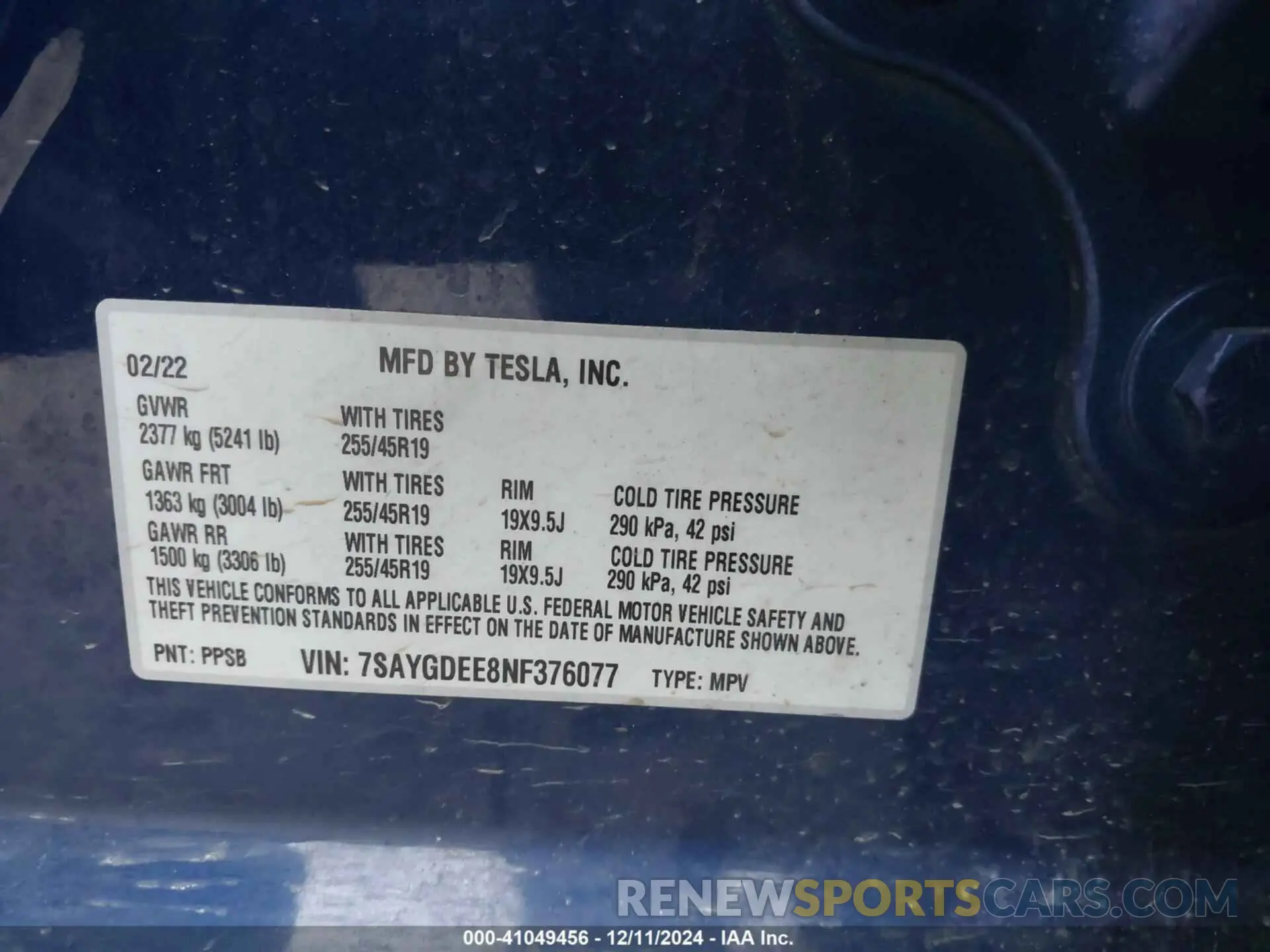 9 Фотография поврежденного автомобиля 7SAYGDEE8NF376077 TESLA MODEL Y 2022