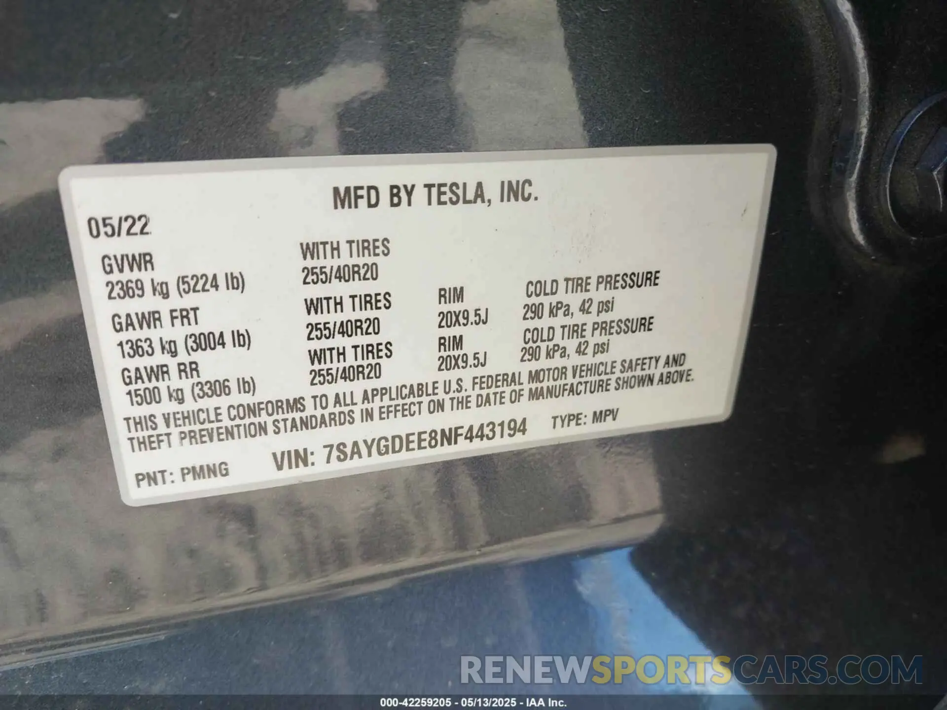 9 Фотография поврежденного автомобиля 7SAYGDEE8NF443194 TESLA MODEL Y 2022