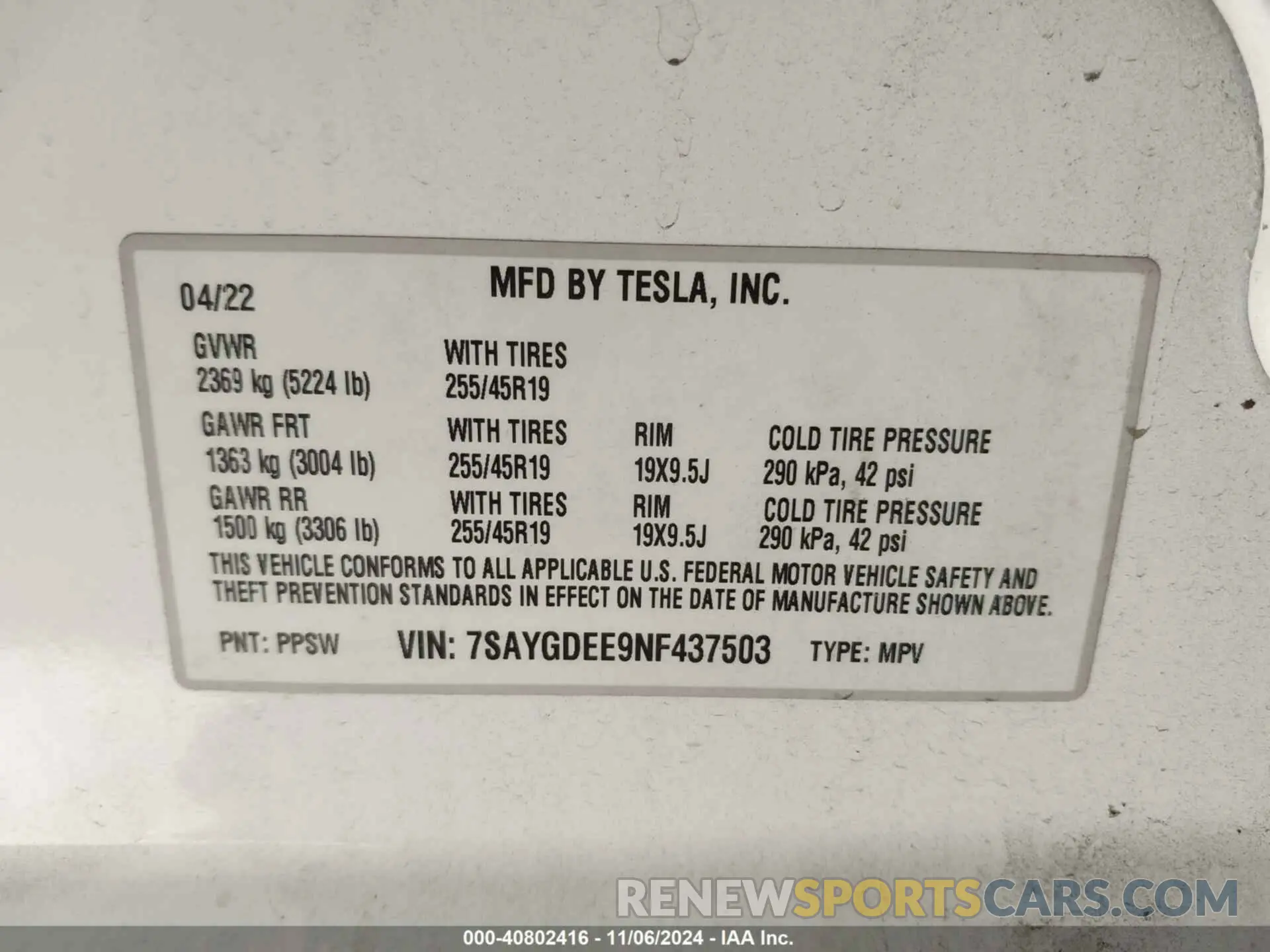 9 Фотография поврежденного автомобиля 7SAYGDEE9NF437503 TESLA MODEL Y 2022