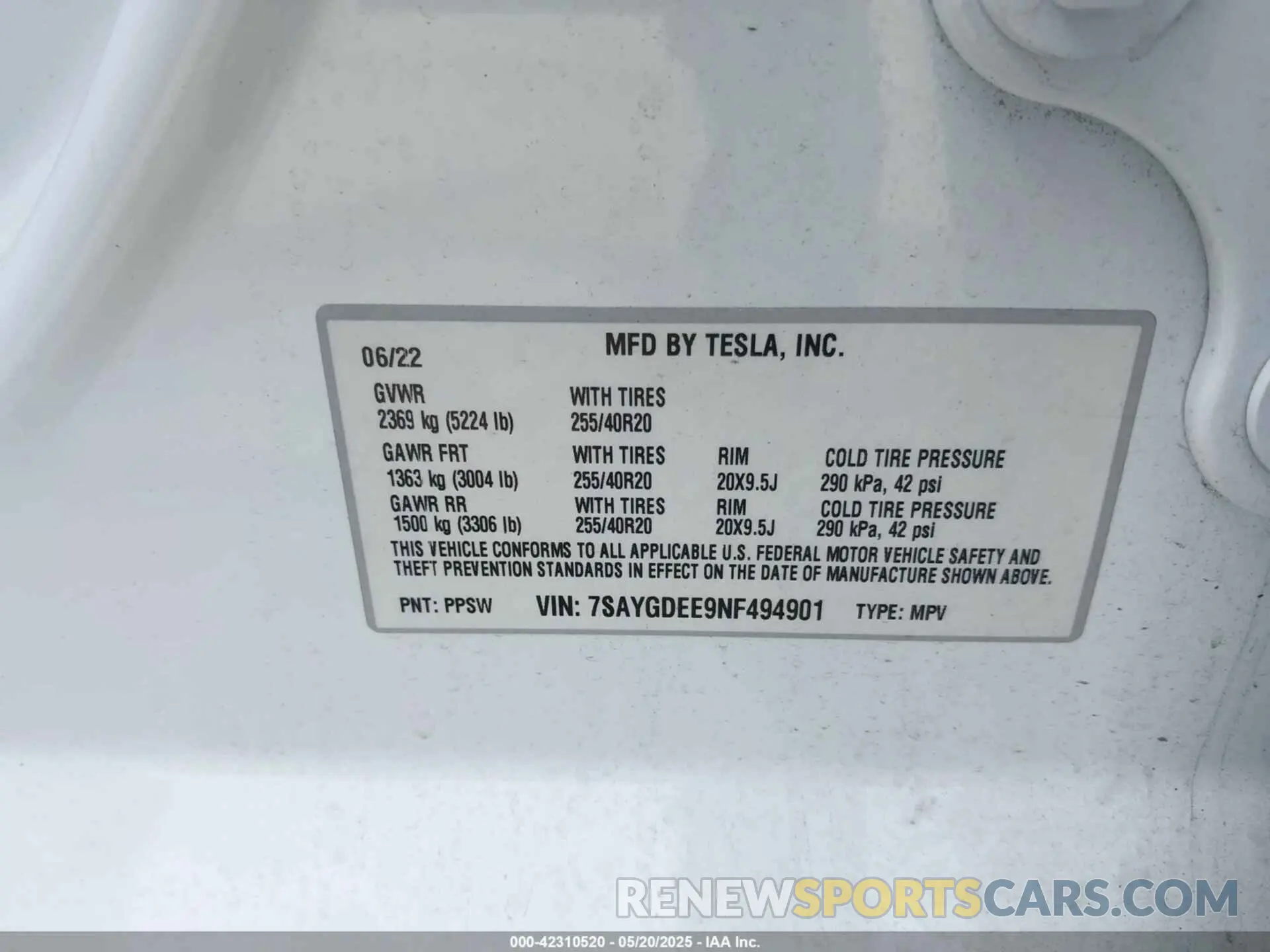 9 Фотография поврежденного автомобиля 7SAYGDEE9NF494901 TESLA MODEL Y 2022