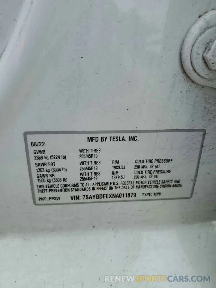 12 Photograph of a damaged car 7SAYGDEEXNA011879 TESLA MODEL Y 2022