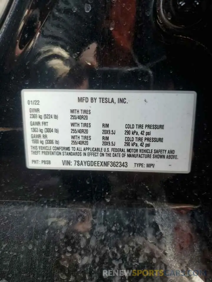 12 Фотография поврежденного автомобиля 7SAYGDEEXNF362343 TESLA MODEL Y 2022