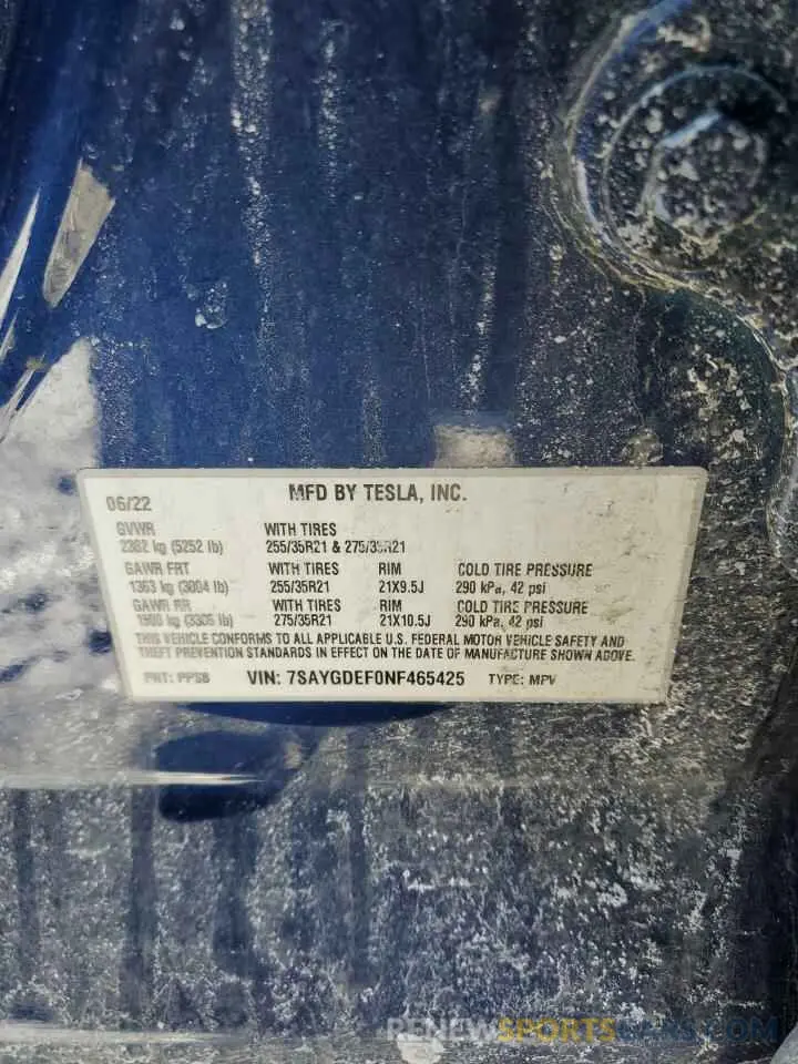 12 Фотография поврежденного автомобиля 7SAYGDEF0NF465425 TESLA MODEL Y 2022