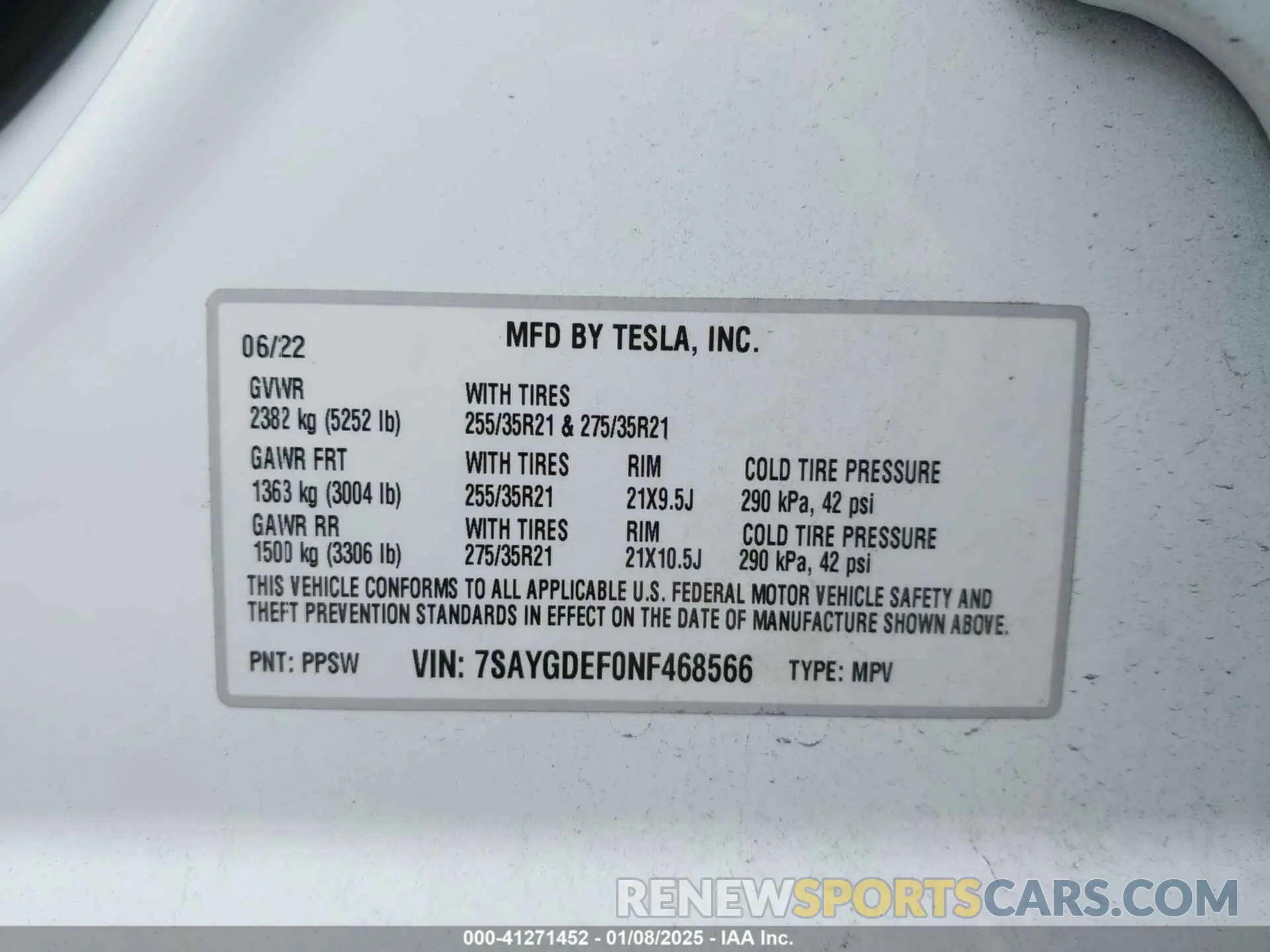 9 Фотография поврежденного автомобиля 7SAYGDEF0NF468566 TESLA MODEL Y 2022
