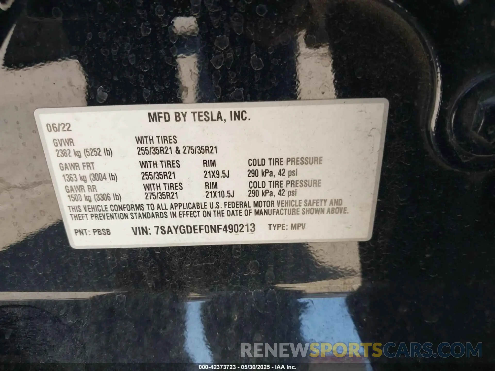 9 Фотография поврежденного автомобиля 7SAYGDEF0NF490213 TESLA MODEL Y 2022