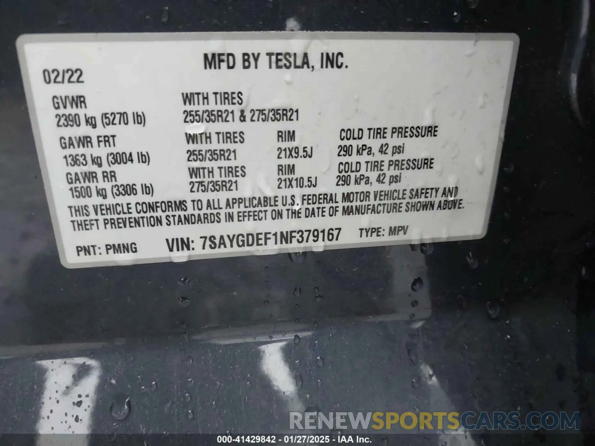 9 Фотография поврежденного автомобиля 7SAYGDEF1NF379167 TESLA MODEL Y 2022