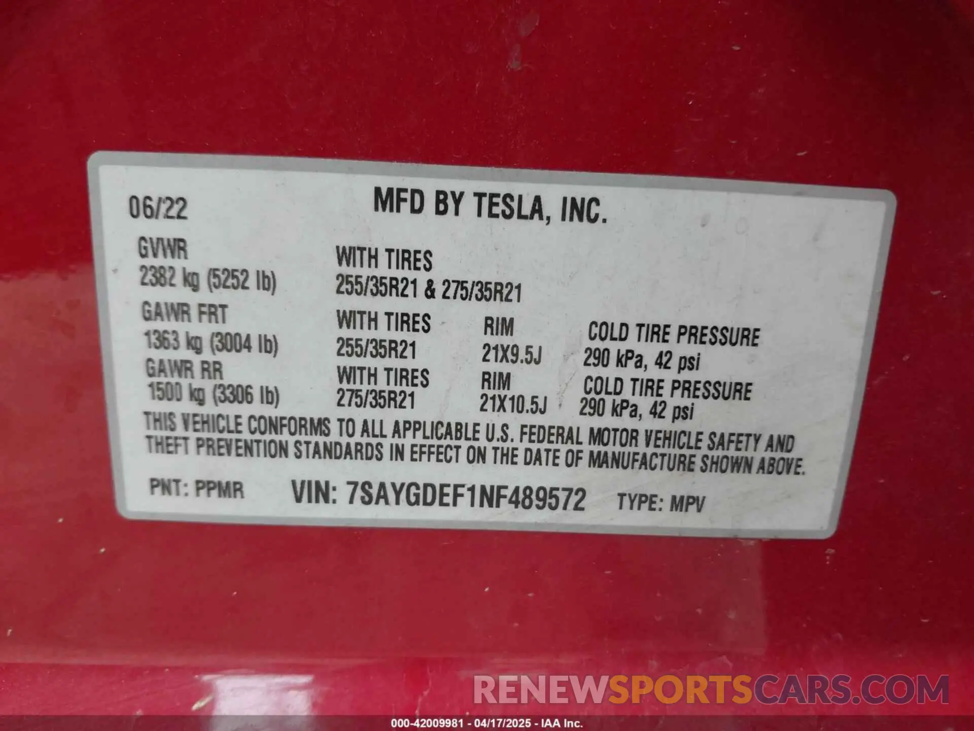 9 Фотография поврежденного автомобиля 7SAYGDEF1NF489572 TESLA MODEL Y 2022