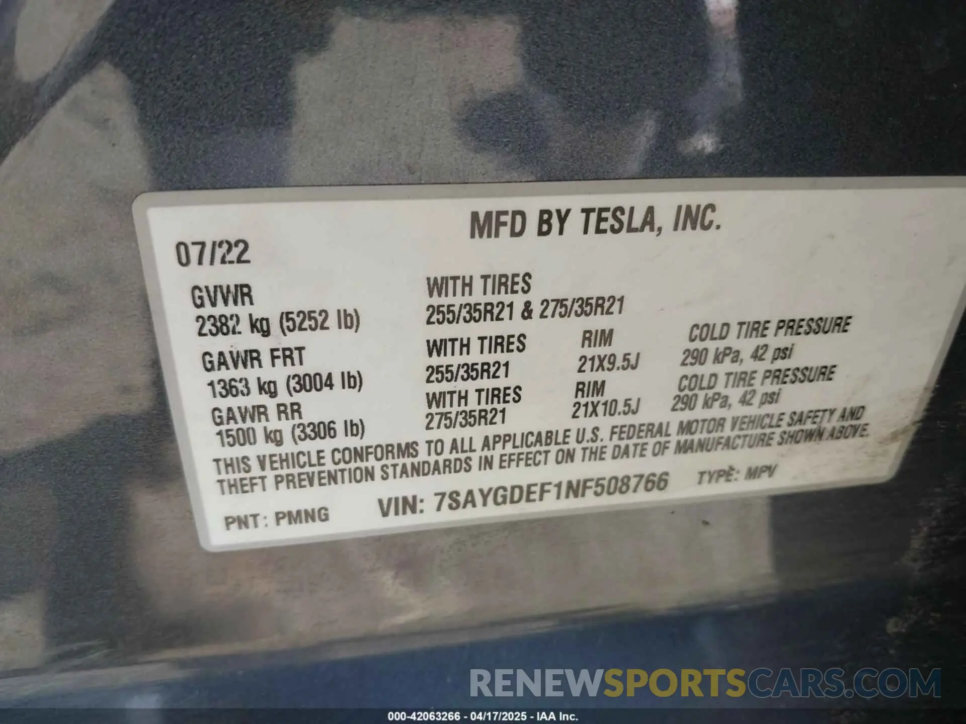 9 Фотография поврежденного автомобиля 7SAYGDEF1NF508766 TESLA MODEL Y 2022