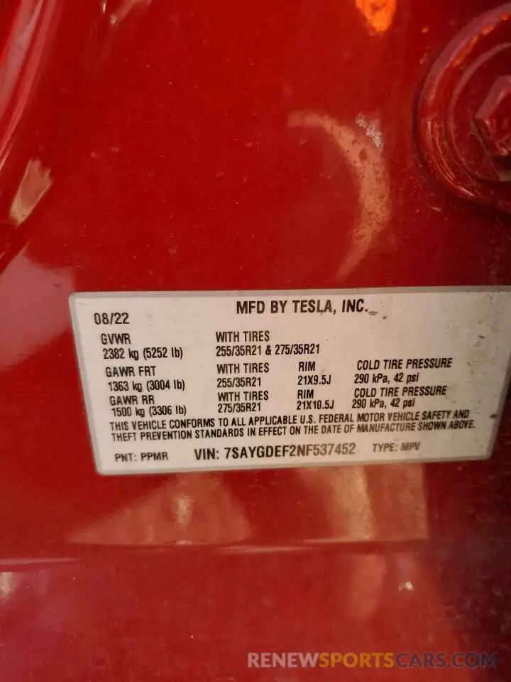 12 Фотография поврежденного автомобиля 7SAYGDEF2NF537452 TESLA MODEL Y 2022