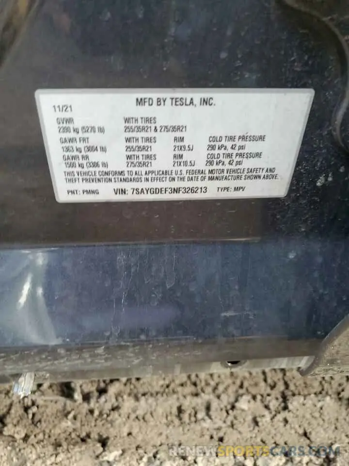 15 Photograph of a damaged car 7SAYGDEF3NF326213 TESLA MODEL Y 2022