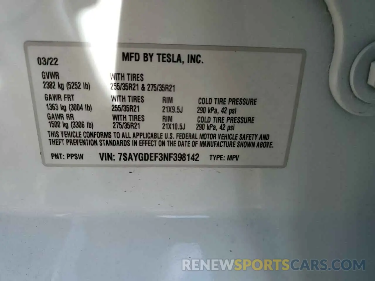 10 Фотография поврежденного автомобиля 7SAYGDEF3NF398142 TESLA MODEL Y 2022