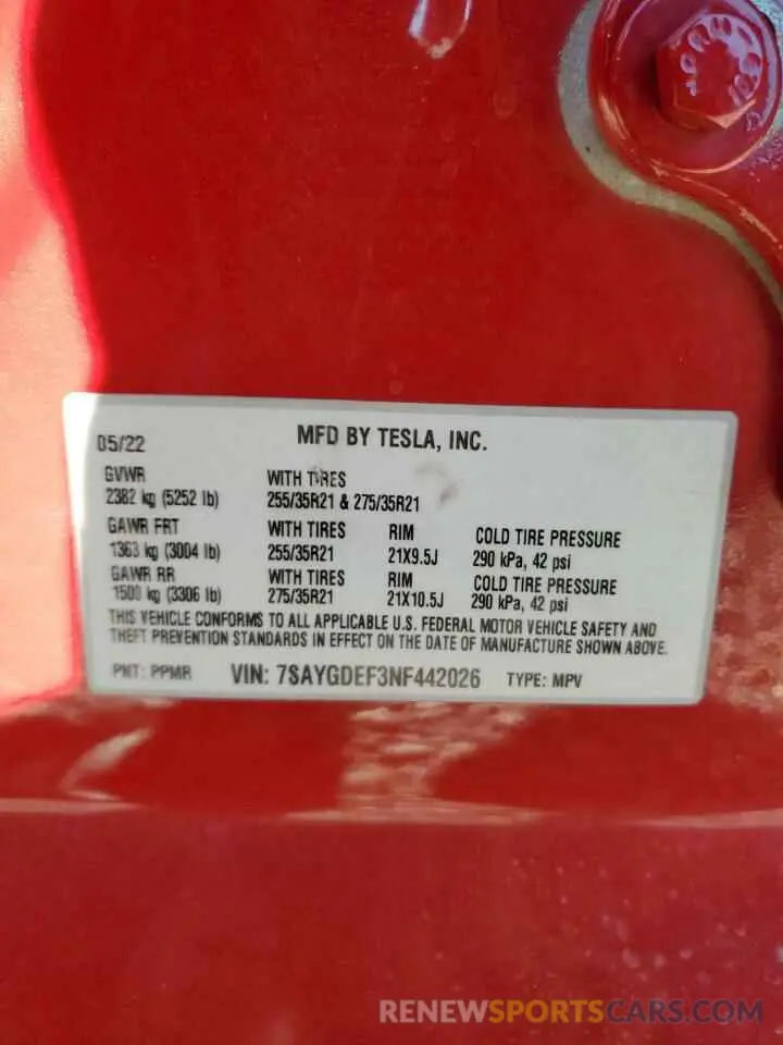 12 Фотография поврежденного автомобиля 7SAYGDEF3NF442026 TESLA MODEL Y 2022