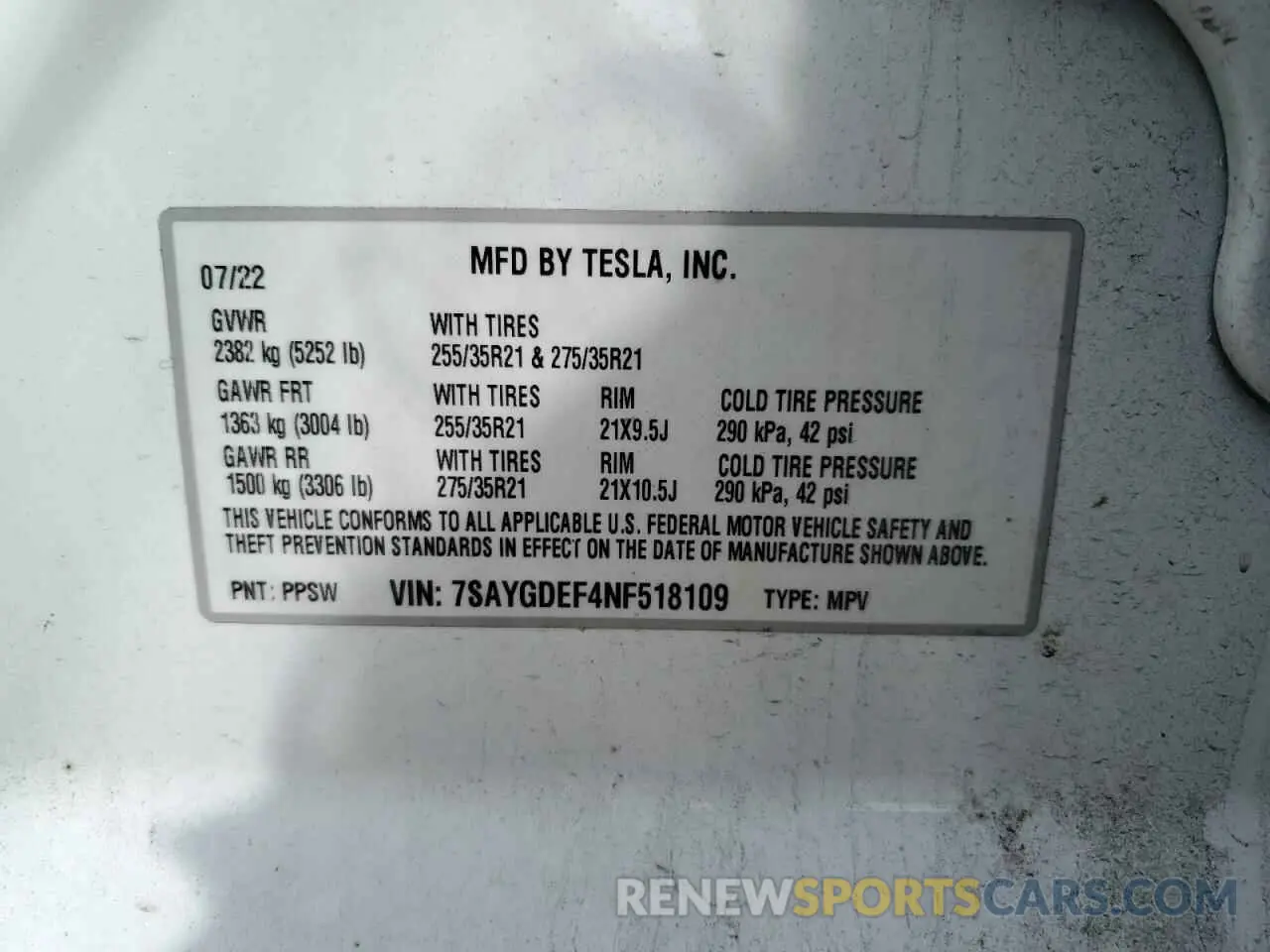 14 Фотография поврежденного автомобиля 7SAYGDEF4NF518109 TESLA MODEL Y 2022