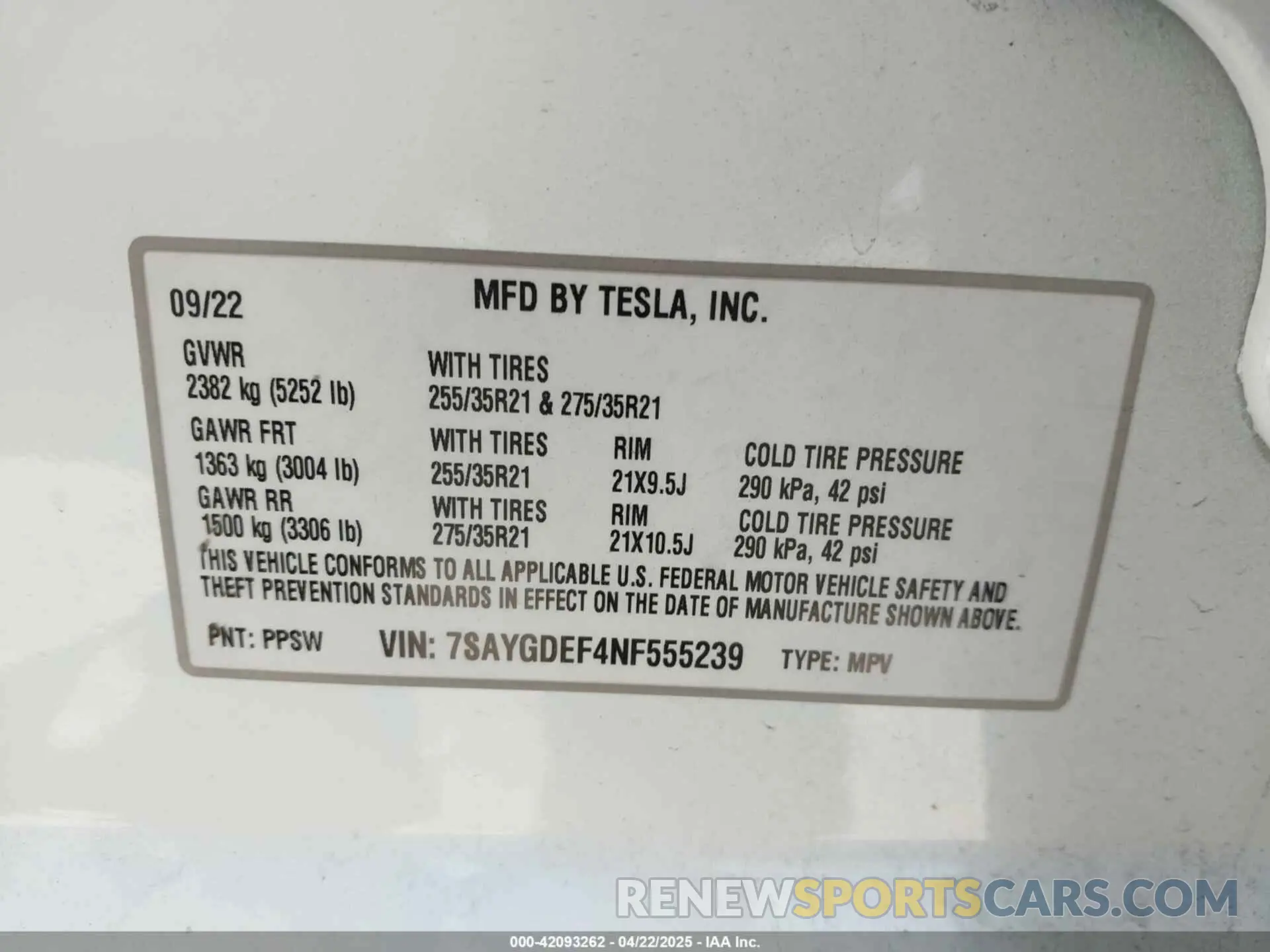 9 Фотография поврежденного автомобиля 7SAYGDEF4NF555239 TESLA MODEL Y 2022