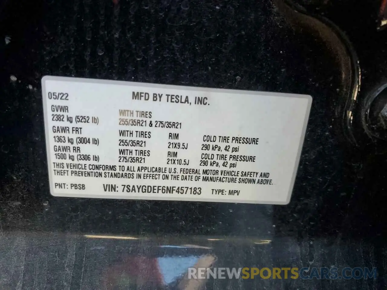 14 Фотография поврежденного автомобиля 7SAYGDEF6NF457183 TESLA MODEL Y 2022