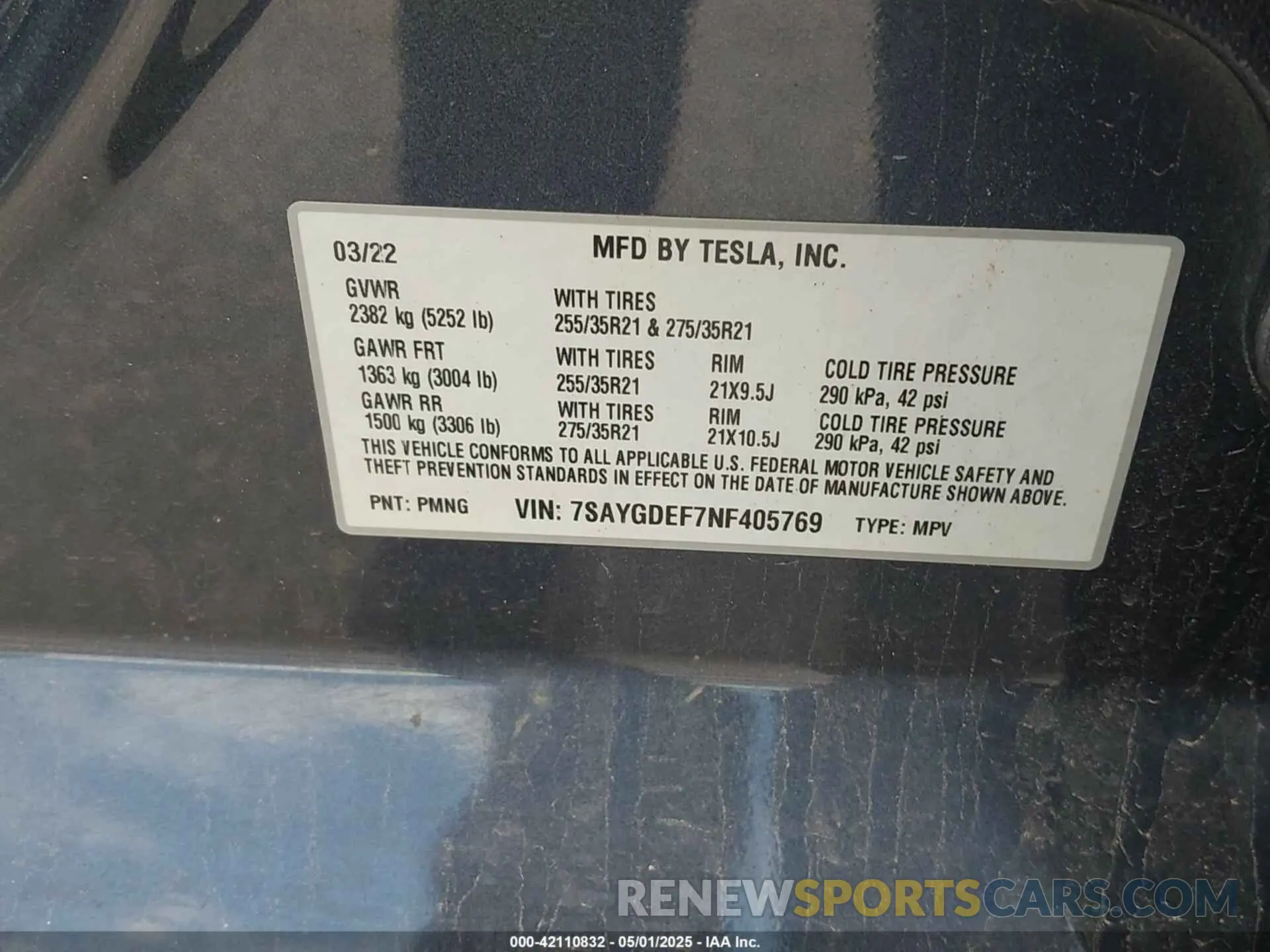 9 Фотография поврежденного автомобиля 7SAYGDEF7NF405769 TESLA MODEL Y 2022