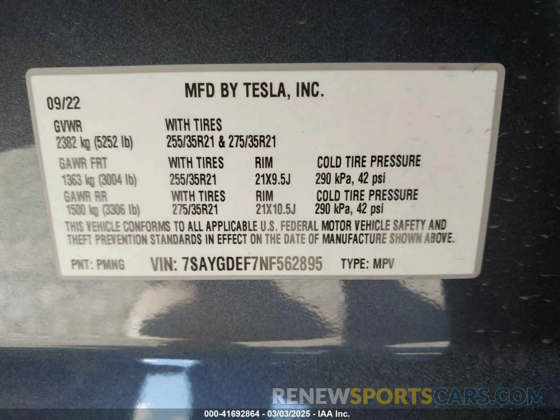 9 Фотография поврежденного автомобиля 7SAYGDEF7NF562895 TESLA MODEL Y 2022