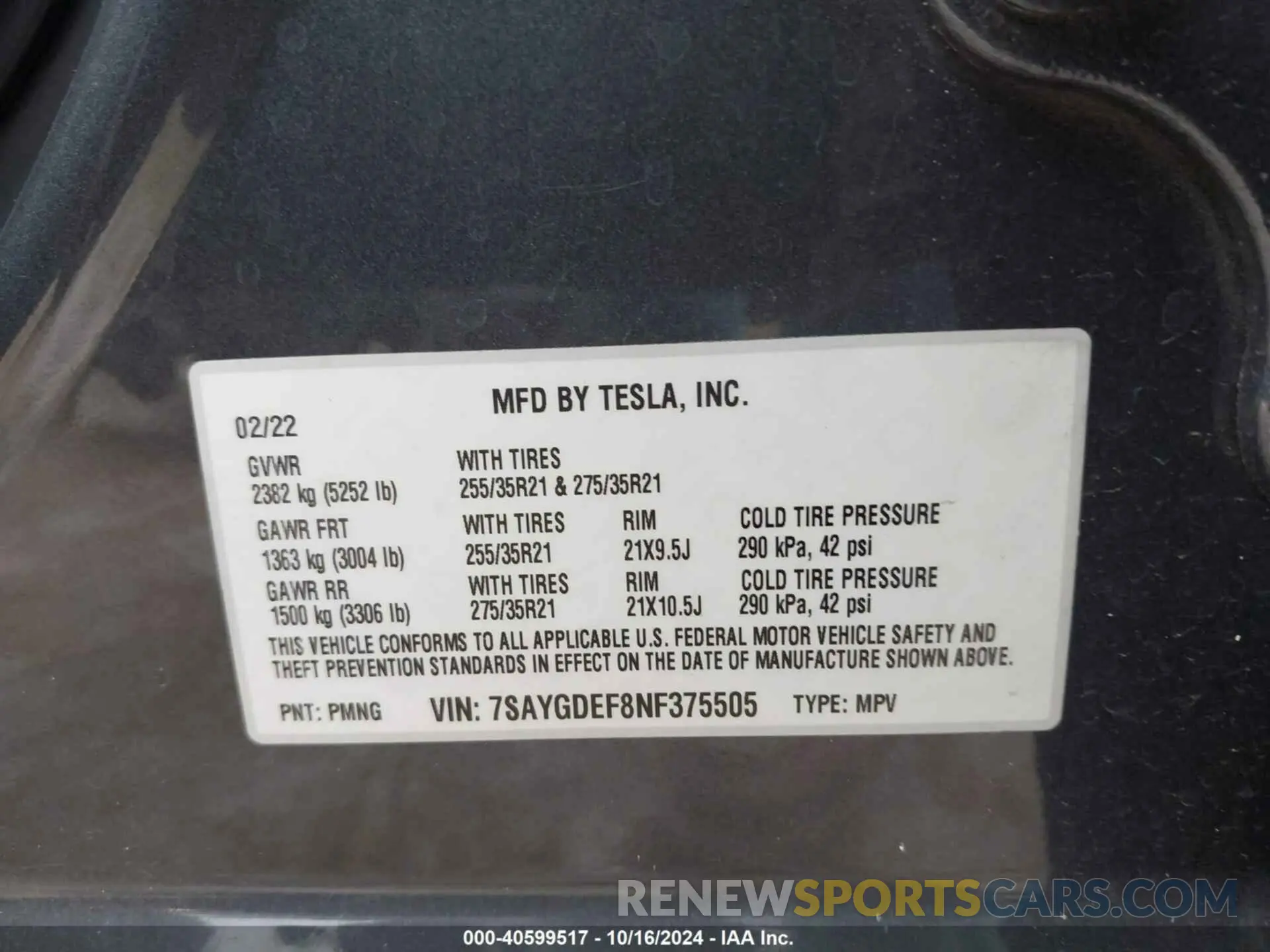 9 Фотография поврежденного автомобиля 7SAYGDEF8NF375505 TESLA MODEL Y 2022